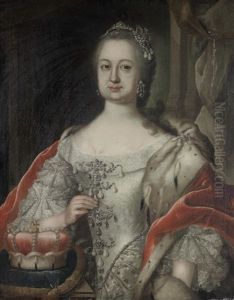 Portrait Of Karl Theodor Von Der Pfalz, Half-length, In An Ermine Mantel Wearing The Chain And Star Of The Order Of Saint Hubertus (+ Portrait Of His Wife, Elisabeth Augusta Of Sulzbach, Half-length, In A White Silk Dress And A Red Velvet Wrap; Pair) by Georg Engelhardt Schroeder