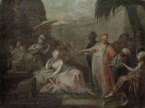 A Courtship Scene (+ A Wedding; Pair) by Georg Engelhardt Schroeder