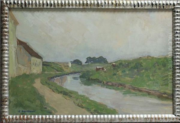 Weidende Kuhe Neben Kanallauf, Am Bildrand Bauerngehoft - view 1