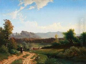 Summer Day With A Woman Watching A Farmer At Work