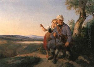 Elbelandschaft Mit Musikanten Und Kleinem Madchen by Julius Carl Hermann Schroder