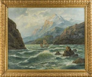 Ansicht Eines Fjordes Mit Bewegter See Und Gegen Die Wellen Ankampfendem Segler