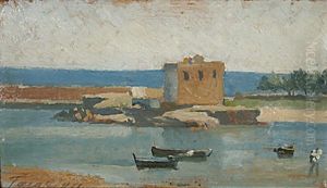 Boote Im Hafen Von Terracina - Kircheninterieur - Strasenszene Mit Paar Und Kind - Zwei Frauen Bei Der Arbeit (4 Studies) by Norbert Schroedl