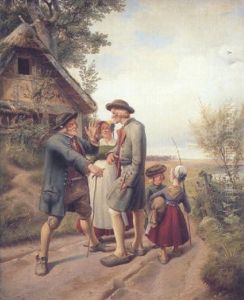 Figures Before A Cottage In A Wooded River Landscape by Adolf Schroedter