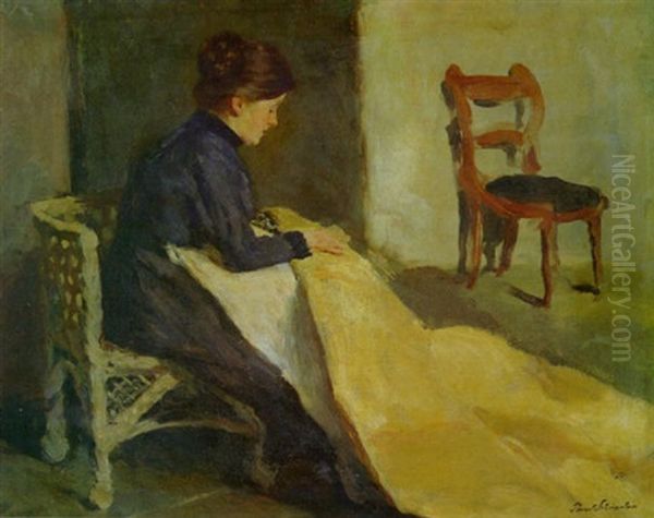 Frau Mit Nahzeug Im Korbsessel - view 1