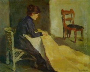 Frau Mit Nahzeug Im Korbsessel by Paul K. Alfred Schroeter