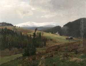 Schwarzwaldlandschaft Mit Hausern, Im Hintergrund Der Verschneite Feldberg by Wilhelm Schroeter