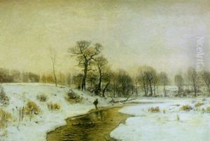 An Extensive Winter Landscape With A Figure Walking A Long A Stream