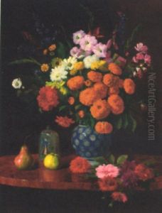 Marigolds And Dahlias With Other Summer Flowers On A Table by Eugen Schroth