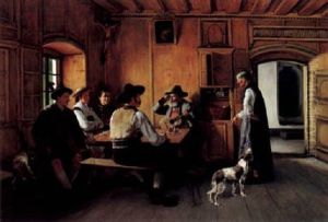 Holzgetaferte Bauernstube Mit Sonntaglicher Gesellschaft by Eugen Schroth