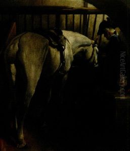 Schimmel Und Reiter Im Stall by Alfred von Schroetter