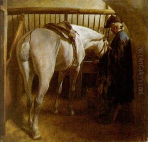 Pferd Und Reiter Im Stall by Alfred von Schroetter