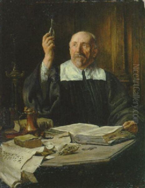 Der Alchemist Sitzt In Der Studierstube Am Tisch Und Pruft Den Inhalt Einer Phiole - view 1