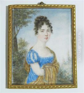 Miniatur. Bildnis Einer Jungen Dame Im Blauen Kleid Und Nussbrauner Stola Vor Landschaftshintergrund