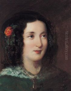 Biedermeier-portrait Eines Madchens Mit Dunklem Haar Und Grunem Umhang