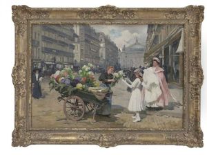 La Marchande De Fleurs, Avenue De L'opera by Louis Marie de Schryver