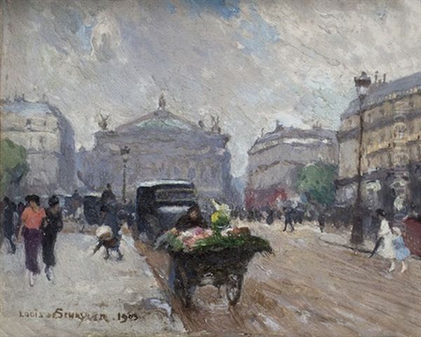 Strasenszene Mit Blumenhandlerwagen An Der Pariser Oper - view 1