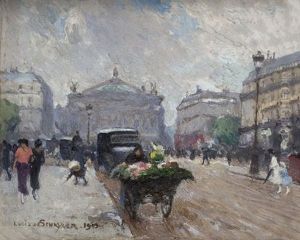 Strasenszene Mit Blumenhandlerwagen An Der Pariser Oper