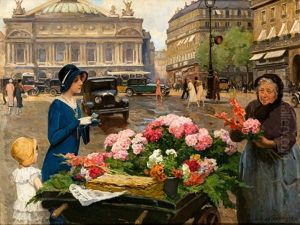 Blumenverkauferin In Paris Vor Der Poper by Louis Marie de Schryver