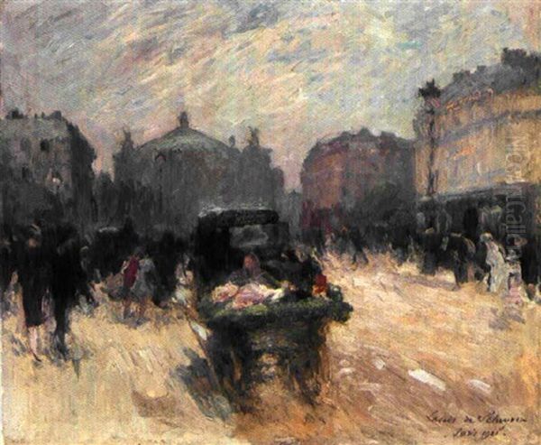 Strasenszene In Paris Mit Blumenhandlerwagen Und Passanten, Im Hintergrund Die Oper - view 1