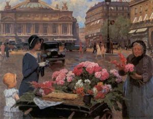 Flower Seller At The Place De L'opera, Paris by Louis Marie de Schryver