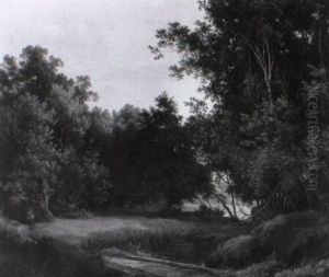 Waldlichtung Mit Einer Reisigsammlerin Links Im Schatten Der Baume Waldlichtung Mit Einer Reisigsammlerin Links Im Schatten Der Baume