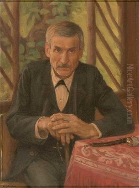 In Einer Gartenlaube Portrait Eines Herren In Elegantem Schwarzem Anzug, Der Sich Mit Beiden Handen Auf Einen Stock Stutzt - view 1