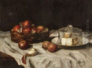 Stillleben Mit Kaseglocke Und Apfeln by Carl Schuch