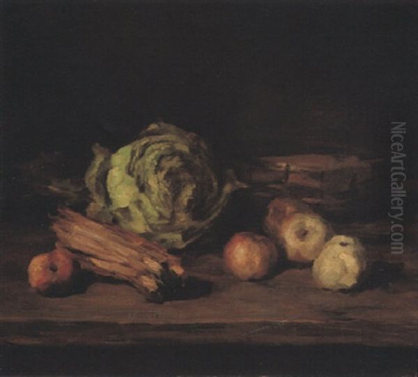 Kuchenstilleben Mit Kohl, Holzbundel Und Apfeln - view 1