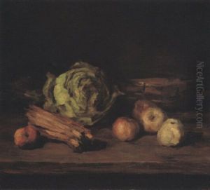 Kuchenstilleben Mit Kohl, Holzbundel Und Apfeln