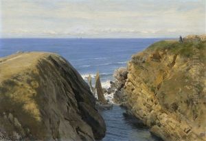 Bretonische Steilkuste Mit Auslaufendem Segelschiff, Oben Auf Der Klippe Eine Frau by Werner Wilhelm Gustav Schuch