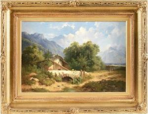 Berglandschaft, Im Vordergrund Mit Brucke Und Figurlicher Staffage by Dominik Schufried