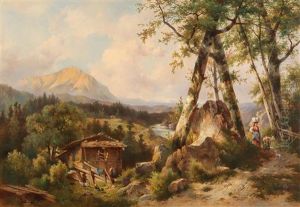 Large Mountain Landscape With Figures by Dominik Schufried