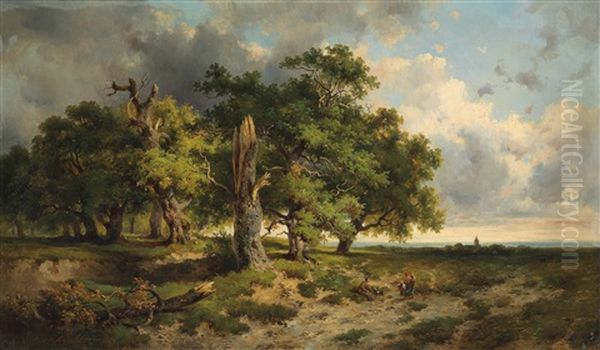 Open Landscape With Woman Gathering Brushwood - view 1