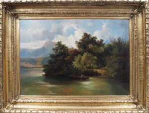 Boating In A Tranquil River Landscape With Woodland And Mountains In The Distance by Dominik Schufried
