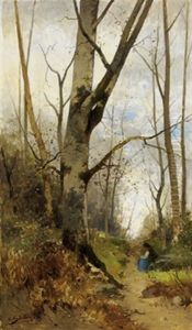 Waldlandschaft Mit Rastender Reisigsammlerin by Hans Schuhly