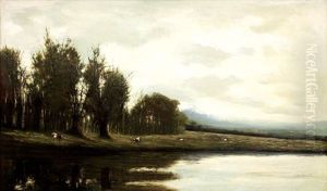 Mountain Landscape With Cows Ruminating by Johann Schuld