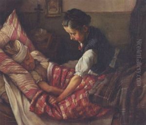 Junge Bauerin Am Bett Ihres Kranken Kindes by Leonhard Schuller