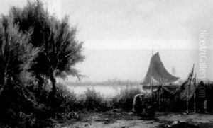 A Fisherwoman In A Landscape Near Loosdrecht by Lion Schulman