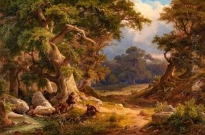Romantische Waldlandschaft Mit Jagern by Arnold Schulten