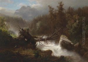 Wasserfall In Den Alpen Mit Figurlicher Staffage