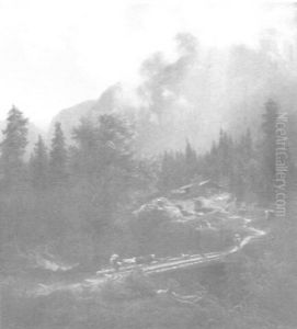 Gebirgslandschaft. Ein Hirte Fuhrt Seine Herde Uber Einen Schmalen Holzsteg. by Arnold Schulten