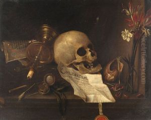 Vanitas-stillleben Mit Blumenstraus, Totenschadel Und Pergamenturkunde