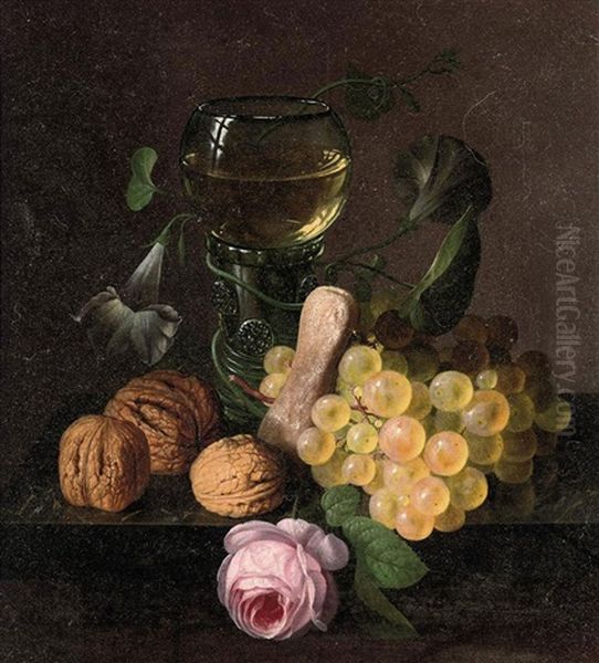 Still Life Of Grapes, Walnuts, A Rose And A Glass Of Wine, On A Ledge - view 1