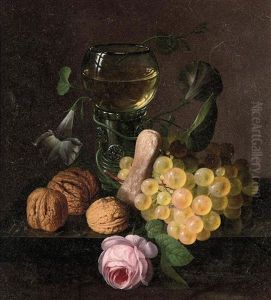 Still Life Of Grapes, Walnuts, A Rose And A Glass Of Wine, On A Ledge Still Life Of Grapes, Walnuts, A Rose And A Glass Of Wine, On A Ledge