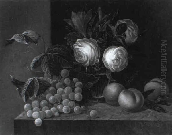 Stilleben Mit Rosen In Einer Glasvase Und Fruchten - view 1