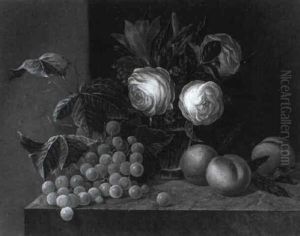 Stilleben Mit Rosen In Einer Glasvase Und Fruchten by Erdmann Schultz