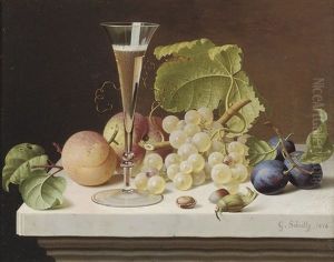 Grapes, Peaches, Plums, Nuts And A Glass Of Champagne On A Marble Ledge by Gottfried Schultz