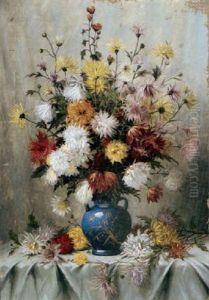 A Still Life With Flowers In A Blue Vase
