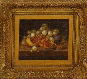 Still Life Of Grapes, Pomegranate, Plum, And A Knife Resting On A Marble Slab